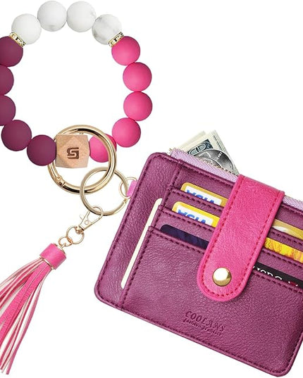COOLANS Silicone Bracelet Wristlet Wallet Credit Card Holder RFID,ID Window,Key Ring Tassel,Slim Wallet Women Keychain Purse