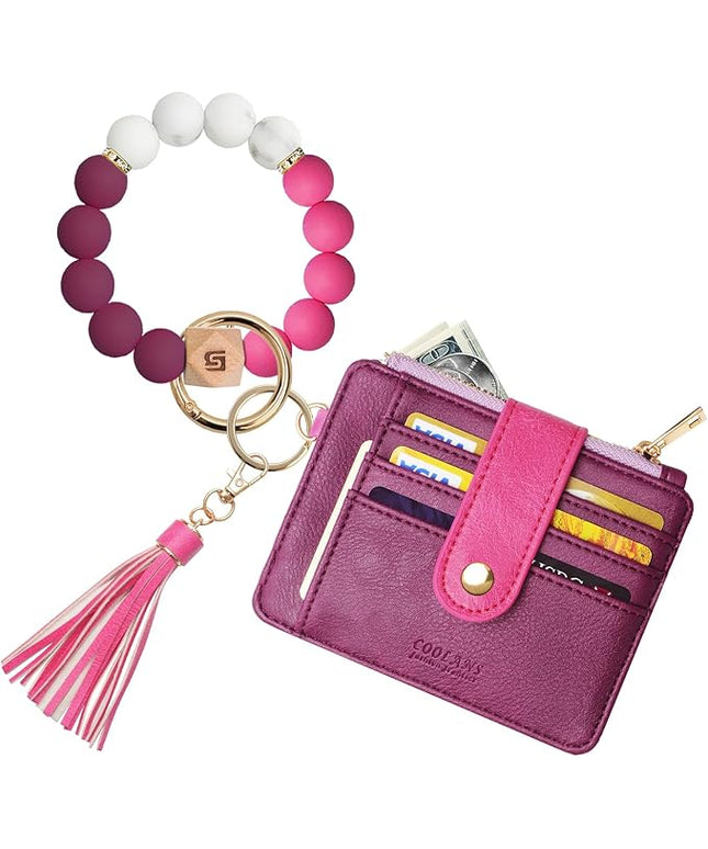COOLANS Silicone Bracelet Wristlet Wallet Credit Card Holder RFID,ID Window,Key Ring Tassel,Slim Wallet Women Keychain Purse