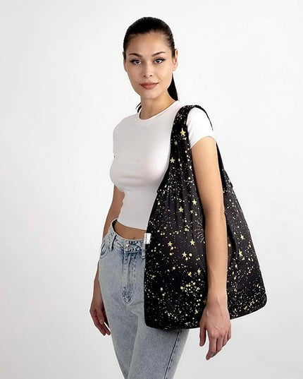 Nanobag Ultralight Heavy Duty Foldable Tote for Women & Men, Reusable Grocery & Travel Bag, Packable Collapsible Compact Market Essential (XL Stars)