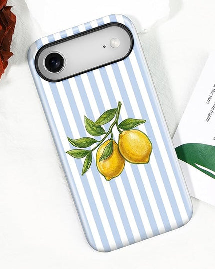Magnetic for iPhone 17 Air Case Cute Lemon Stripes Phone Case, Shockproof Slim TPU and Hard PC Protective Phone Cover Compatible with MagSafe Designed for Women Girls, Blue