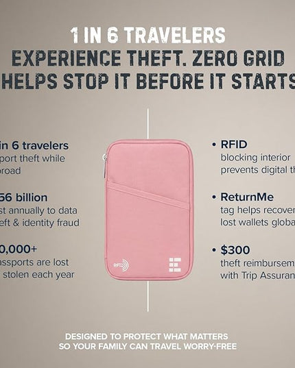 Zero Grid Family Passport Holder for Up to 6 Passports, Large Travel Document Organizer Wallet with 7 RFID Blocking Sleeves for Anti-Theft Protection - Rose Pink