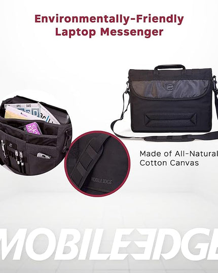 Mobile Edge ECO Laptop Messenger Bag for Men and Women, Fits Up To 17.3 Inch Laptops, Travel Work Computer Bag, Cotton Canvas, Padded Pockets, Black