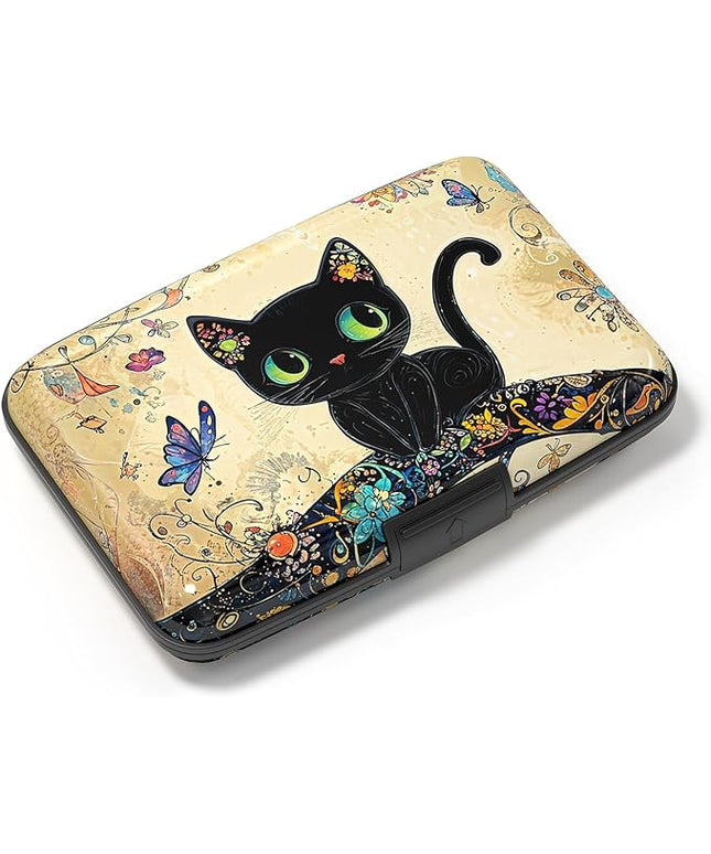 Atufsuat Credit Card Holder, Mini Aluminum Card Wallet RFID Blocking Slim Metal Hard Card Case for Women Men, Cat on Branch