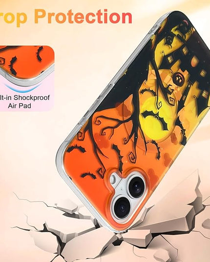 Halloween Case for iPhone 17 Case [ Compatible with Magsafe ] Holographic Orange Sky with Black Castle, Bats, Ghosts and Pumpkins Pattern Design, Creative Magnetic Protective Phone Cover