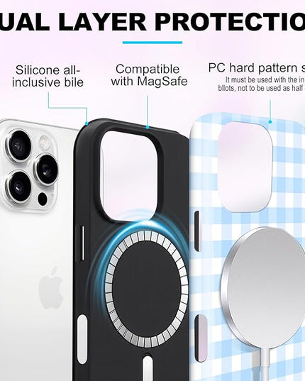 Magnetic for iPhone 16 Pro Case Cute Checkered Stripes Phone Case for Women Girls, Shockproof Slim TPU and Hard PC Protective Phone Cover Compatible with MagSafe Designed, Blue