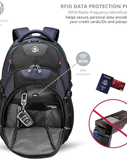 Swissdigital Design Laptop Backpack, Travel Backpack with USB Charging Port Fits 15.6 inches Computer, 31L College School Bookbag for Men, Blue/Black | SD803-12