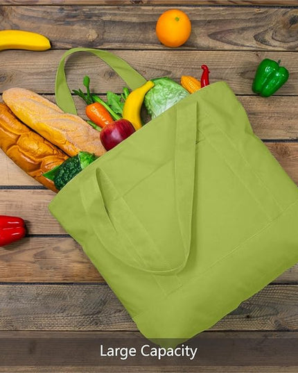 TOPDesign 1-Pack Canvas Tote Bag with an External Pocket, Reusable Grocery Shopping Bag, Top Zipper Closure, Daily Essentials (Light Green)