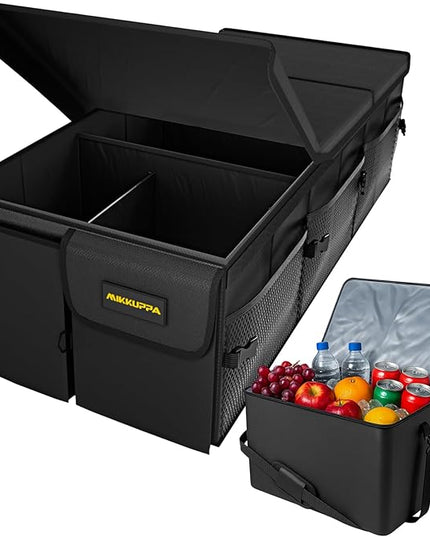 MIKKUPPA Car Trunk Organizer with Cooler - 95L Collapsible Trunk Organizer with Lid, Trunk Storage Organizers for SUV Truck Van with Adjustable Straps and Non Slip Bottom (Black, X-Large with Cooler)