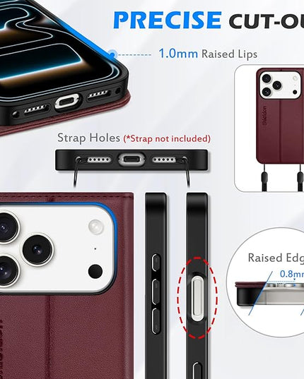 SHIELDON Genuine Leather Case Wallet for iPhone 17 Pro 5G 6.3" | RFID Blocking Credit Card Holder | Magnetic Closure | Folio Cover | Kickstand | TPU Soft Phone Shell 2025 | Wine Red