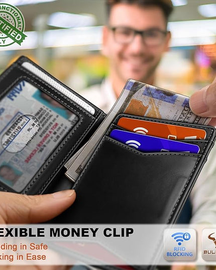BULLIANT Men Wallet,Top Grain Leather Slim Wallet Magnetic Closure Simplifed Bill Folder RFID Blocking 11Cards