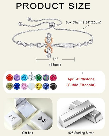 YL Cross Bracelet 925 Sterling Silver Infinity Sideways Link Bracelet Birthstone Jewelry for Women