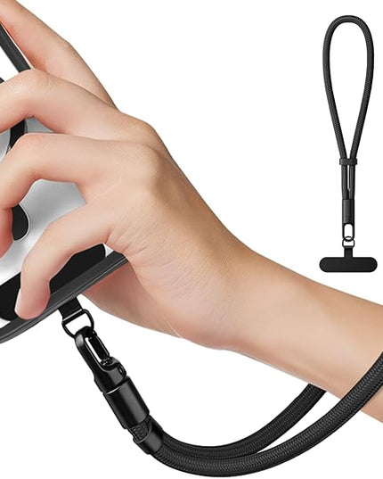 Minimalist Wrist Strap Phone Lanyard with Adjustable Drop-Proof Design, 7mm Reinforced Climbing Rope Material, 2 Phone Tether Tabs (Matching Metal and Rotatable Clear) - Classic Black