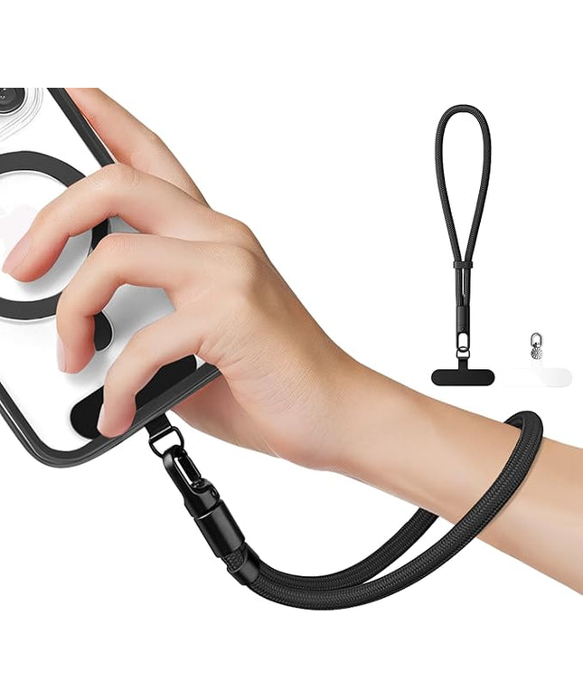 Minimalist Wrist Strap Phone Lanyard with Adjustable Drop-Proof Design, 7mm Reinforced Climbing Rope Material, 2 Phone Tether Tabs (Matching Metal and Rotatable Clear) - Classic Black