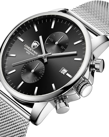 GOLDEN HOUR Mens Watch Fashion Sleek Minimalist Quartz Analog Mesh Stainless Steel Waterproof Chronograph Watches for Men with Auto Date