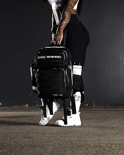 WOLFpak 35L Athletic Gym Backpack - Durable 1000D Waterproof Oxford Material with MOLLE Webbing, Laptop Pocket & Dual Cup Holders, Durable Fitness/Travel/Military Daypack (Alpha Black White Accents)