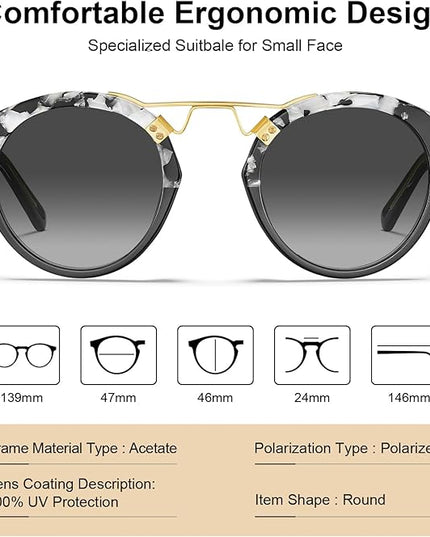 CARFIA Small Face Acetate Polarized Sunglasses for Women UV Protection, Retro Double Bridge Eyewears Metal Brow Round Sunnies
