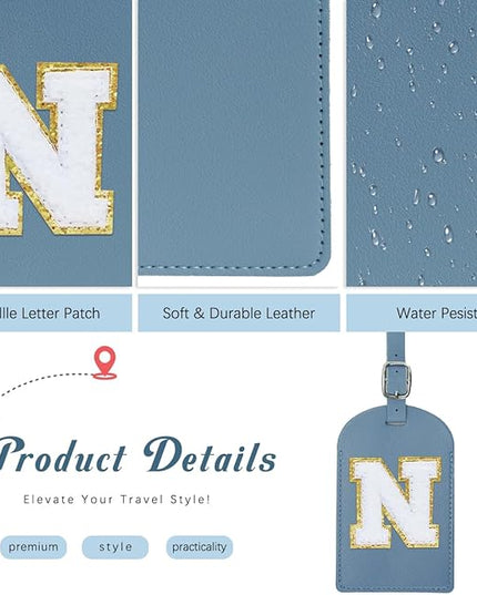 Initial Passport Cover Holder and Luggage tag Set,PU Leather Passport Case Travel Suitcase Tag with Letter Patch, Personalized Travel Luggage Accessories Gifts for Women Grils Teenage Haze Blue U