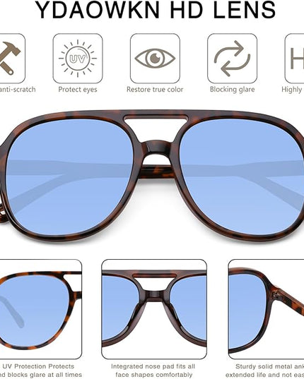 YDAOWKN Retro Square Aviator Sunglasses for Womens Mens Vintage 70s Double Bridge Sun Glasses