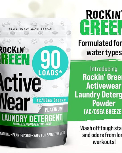 Rockin' Green Laundry Detergent, Plant based, All Natural Laundry Detergent Powder, Vegan and Biodegradable Odor Fighter, Safe for Sensitive Skin (Active Wear 90 Loads - AC/DSea Breeze)