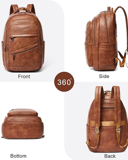 43L Backpack for Women Men - Vegan Leather Backpack Purse Travel Carry-on Bag College Bookbag Work fits 17" Laptop, Brown