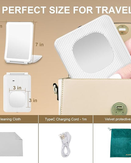 Mocado Travel Makeup Mirror with Light, 1x/10x Magnifying Mirror with Light, 3 Colors Lighted Magnifying Mirror, 2000mAh Rechargeable Lighted Makeup Mirror, Dimmable Touch, Memory Function (White)