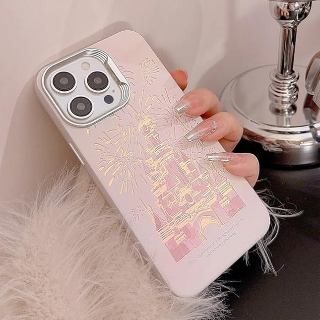 for iPhone 16 Case, Deluxe Fashion Pink Case with Laser 3D Fireworks Castle Design, Premium Case with Bracelet - PC+TPU Shockproof and Drop Resistant for Women and Girls