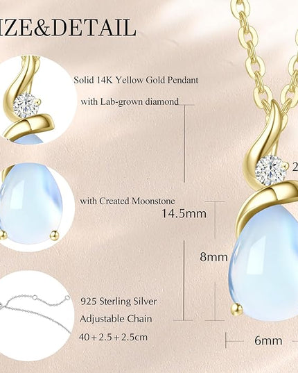 FANCIME 14K Solid Yellow Gold Birthstone Pendant Necklace for Women with Diamond Pear Shaped Teardrop Necklace Birthday Gifts for Mom Women Sterling Silver Chain 16" + 2" Extender