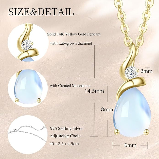 FANCIME 14K Solid Yellow Gold Birthstone Pendant Necklace for Women with Diamond Pear Shaped Teardrop Necklace Birthday Gifts for Mom Women Sterling Silver Chain 16" + 2" Extender