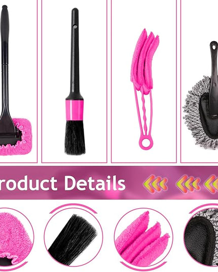 THINKWORK Pink Car Duster Interior Kit, Perfect Car Detailing Brush Kit for Cleaning Windows,Windshield,Dashboard and Air Vents Suitable for All Cars