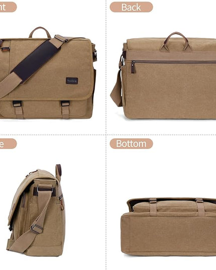 Nerlion Messenger Bag for Men 17-17.3 Inch Laptop Bag Canvas Water-resistant Computer Bag Shoulder Bag Work Briefcase Bookbag for College (Brown)