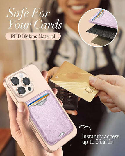 Shorogyt Compatible with Magsafe Wallet Magnetic Card Holder - Glitter Light Purple Phone Wallets for Women Teen Girls for iPhone 17/16/15/14/13/12 Series Slim for Apple Mag RFID Magnet, Fit 3 Cards