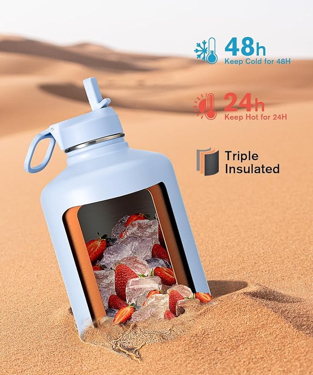 Coolflask 128 oz Gallon Water Bottle Insulated with Straw&3 Lids, Water Jug Large Stainless Steel Metal Vacuum Wide Mouth for Sports, Gym or Office, Non-BPA Keep Cold 48H Hot 24H, Light Blue