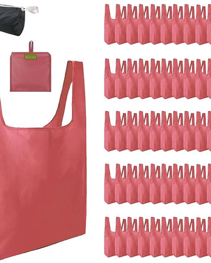BeeGreen Pink Reusable Grocery Bags Wholesale Reusable Kitchen Bags Bulk Foldable-Machine Washable with Zipper Storage Pouch 50 Packs