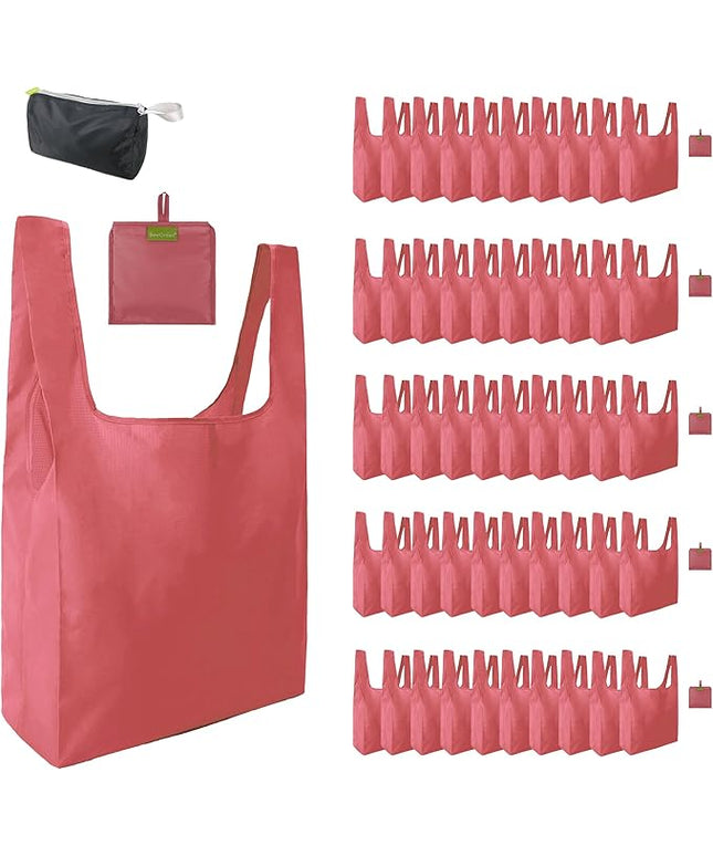 BeeGreen Pink Reusable Grocery Bags Wholesale Reusable Kitchen Bags Bulk Foldable-Machine Washable with Zipper Storage Pouch 50 Packs