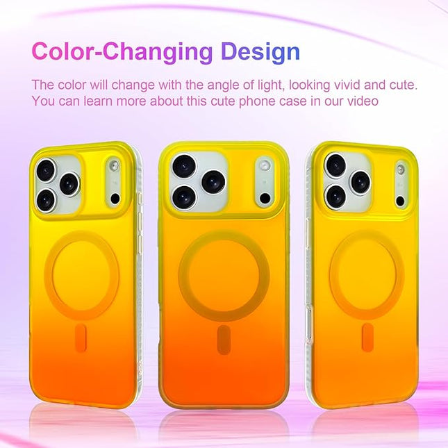 Aesthetic Case for iPhone 17 Pro Max Case for Women Girls [Compatible with Magsafe] Cute Girly Trendy Glitter Sparkly Rainbow Magnetic Protective Phone Cover, Matte Iridescent Yellow & Orange