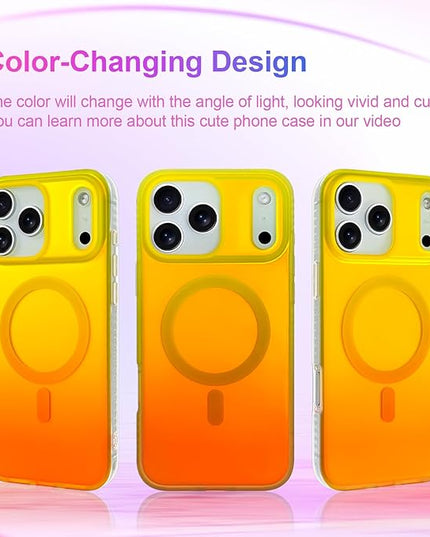 Aesthetic Case for iPhone 17 Pro Case for Women Girls [Compatible with Magsafe] Cute Girly Trendy Glitter Sparkly Rainbow Magnetic Protective Phone Cover, Matte Iridescent Yellow & Orange