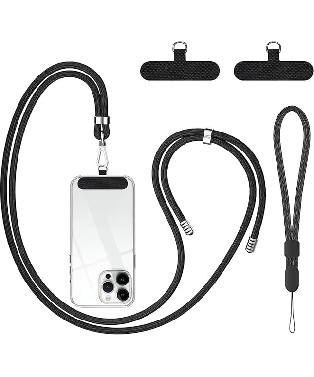 takyu Cell Phone Lanyard, Crossbody Phone Lanyard 1 Pack Adjustable Neck Strap and 1 Pcs Phone Wrist Strap with 2x Phone Tether Patches for Most Smartphones-Black