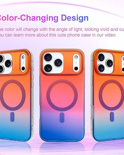 Aesthetic Case for iPhone 17 Pro Max Case for Women Girls [Compatible with Magsafe] Cute Girly Trendy Glitter Sparkly Rainbow Magnetic Protective Phone Cover, Matte Iridescent Orange & Blue