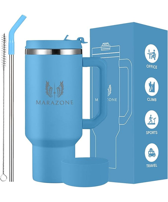 40 oz Insulated Tumbler with Handle and Straw – Stainless Steel Double Wall Vacuum Cup Fits Car Cup Holder, Hot Cold Travel Mug, BPA Free Reusable Water Bottle Gift for Women Men - Sky Blue
