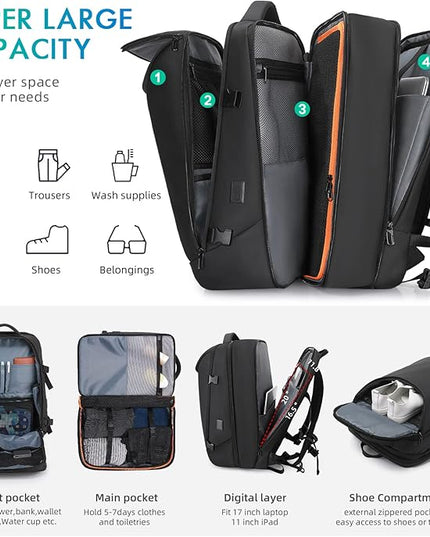50L Carry on Travel Backpack, Expandable Airline Approved Backpacks with 3 Packing Cubes Fit 17.3 inch Laptop Suitcase backpack for Men Women(Black)