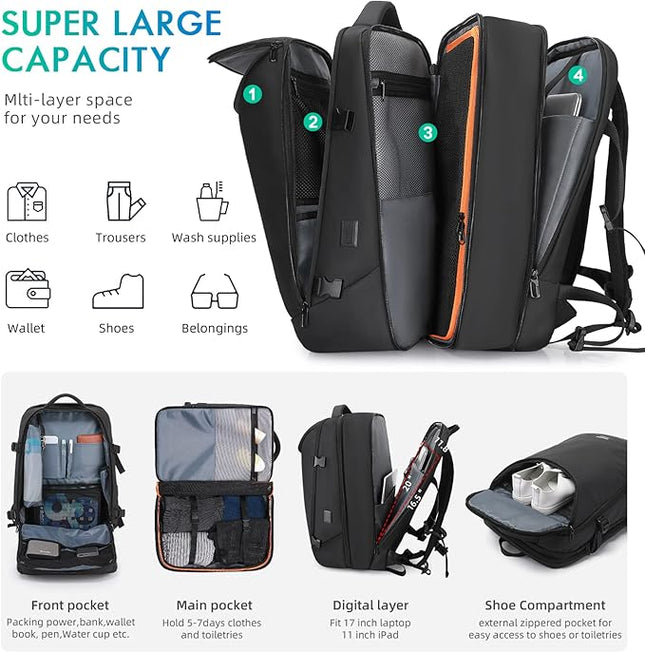 50L Carry on Travel Backpack, Expandable Airline Approved Backpacks with 3 Packing Cubes Fit 17.3 inch Laptop Suitcase backpack for Men Women(Black)