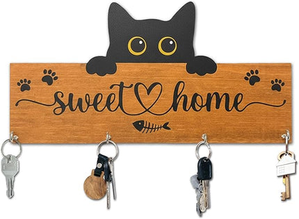 Yhtmbf Cat Sweet Home Wooden Key Holder for Wall - 5"x10" Key Organizer Hanger with 4 Hooks for Front Door Hallway Entryway Kitchen - Home Office Decor & Housewarming Gifts Supplies - A07