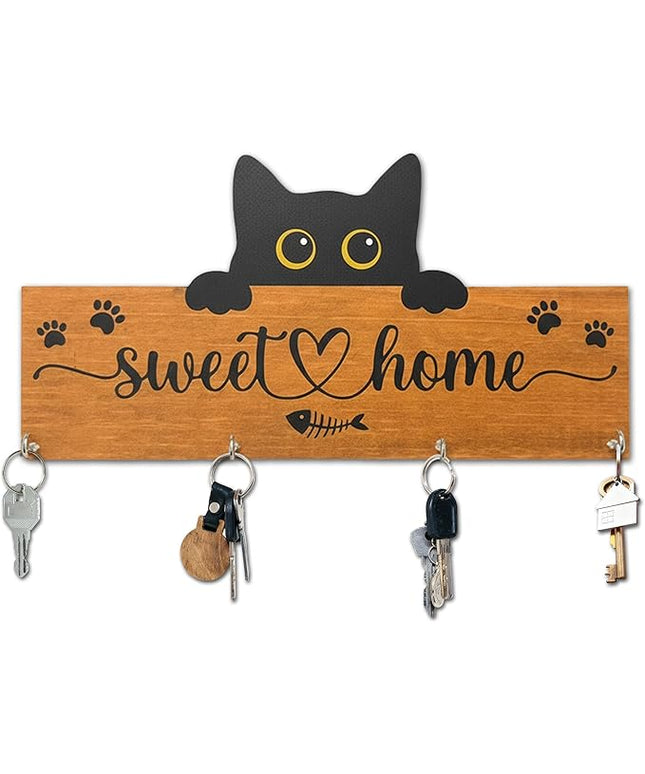 Yhtmbf Cat Sweet Home Wooden Key Holder for Wall - 5"x10" Key Organizer Hanger with 4 Hooks for Front Door Hallway Entryway Kitchen - Home Office Decor & Housewarming Gifts Supplies - A07