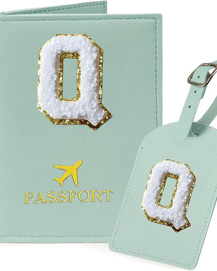 COSHAYSOO Green Passport Cover and Luggage Tag Set TSA Approved with Her Initial Chenille Letter Patch for Big Little Girls Sister Daughter, Hawaii Travel Bag Backpack Suitcase Identifier (Q)