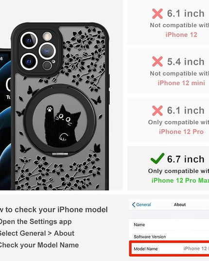 Cute Case for iPhone 12 Pro Max Case with Stand [ Compatible with MagSafe ] Kawaii Black Cat & Floral & Butterflies Pattern Design 360 Magnetic Ring Kickstand Phone Cover for Women Girls Boys