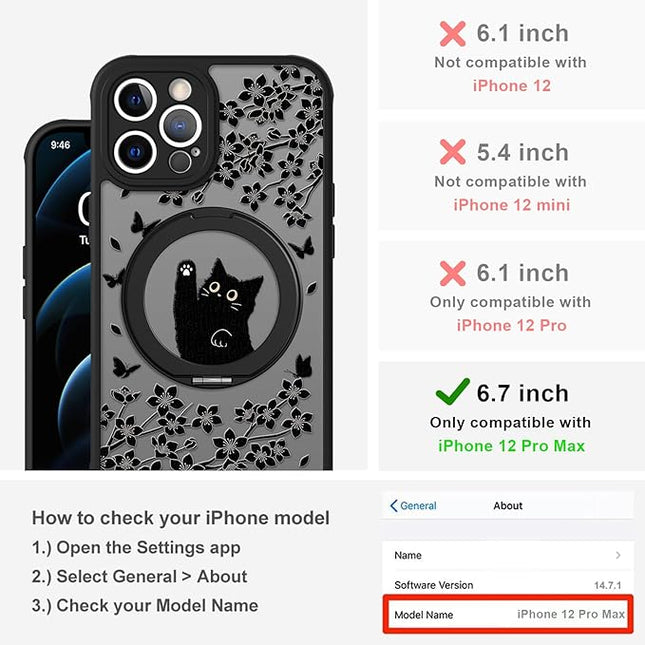Cute Case for iPhone 12 Pro Max Case with Stand [ Compatible with MagSafe ] Kawaii Black Cat & Floral & Butterflies Pattern Design 360 Magnetic Ring Kickstand Phone Cover for Women Girls Boys