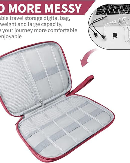 Electronics Travel Organizer,Portable Waterproof Electronic Travel Storage Bag for Small Charging Cord Storage,Charger,Small Electronics,SD Card etc,for Travel,Business -Wine Red