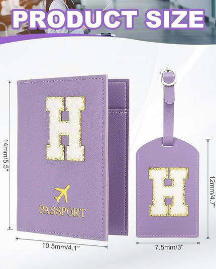 PATIKIL Passport Holder for Travel, Initial Passport Cover and Luggage Tag Set with Alphabet Chenille Letter Patch Travel Wallet Bag Suitcase Identifier for Women Family Travel Purple H