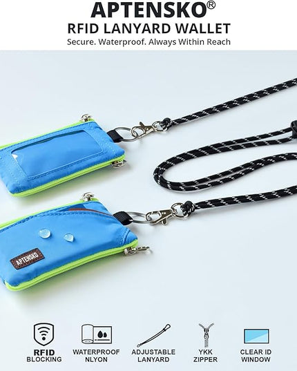RFID Travel Wallet with Adjustable Lanyard-Zipper Small Wallet with ID Card Holder, Keychain for women&men-Minimalist Slim Waterproof Nylon case for ID, Cash, Key (Sky Blue)