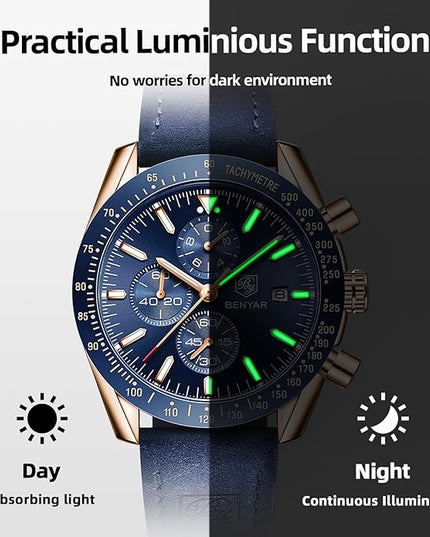 BY BENYAR Watch for Men Analog Quartz Chronograph Waterproof Luminous Designer Mens Wrist Watches Business Work Sport Casual Dress Watch with Silicone Strap Elegant Gifts for Men